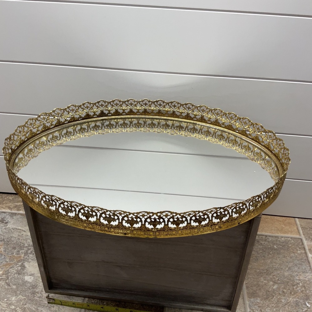 Vintage Gold Filigree Mirrored Vanity Tray Oval Pierced Metal 16 Inch Hollywood